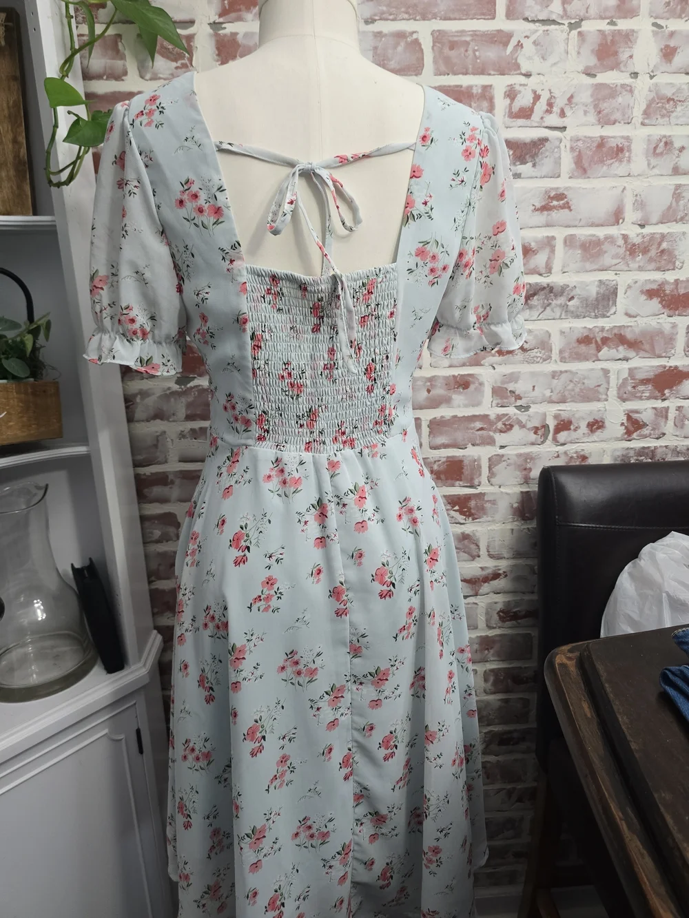 Light Blue Floral Midi Dress with Puff Sleeves